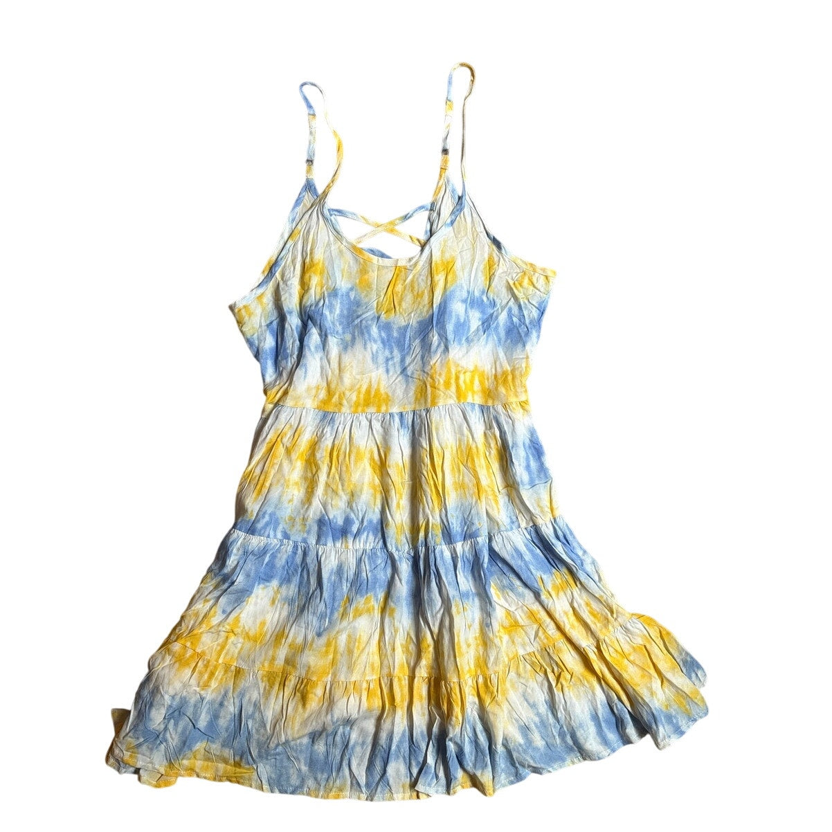 NWT Paradise USA blue yellow tie dyed adjustable strap tiered sun dress SIZE L