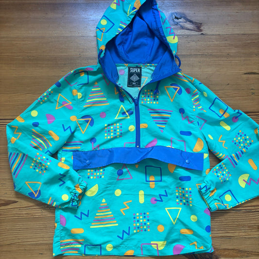 Massive 90s green teal blue shapes hooded pullover adult jacket SIZE S