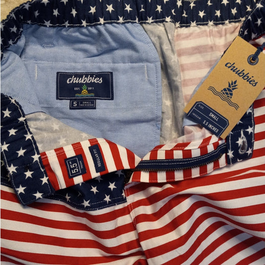 NWT Chubbies American flag 5.5" inseam zipper fly mens shorts SIZE S