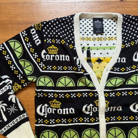 Corona Christmas Feliz Navidad black white varsity cardigan sweater SIZE M