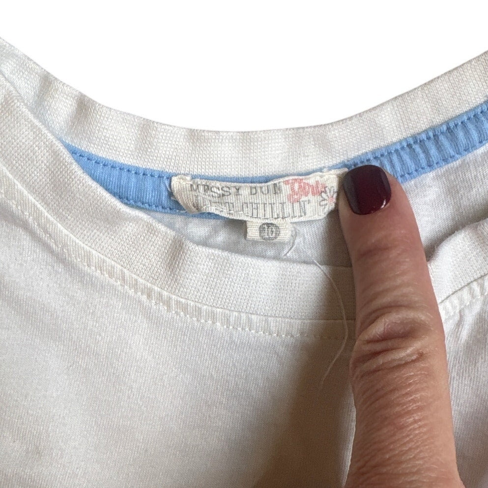 Messy Bun Just Chillin white croissant cropped short sleeve shirt SIZE 10