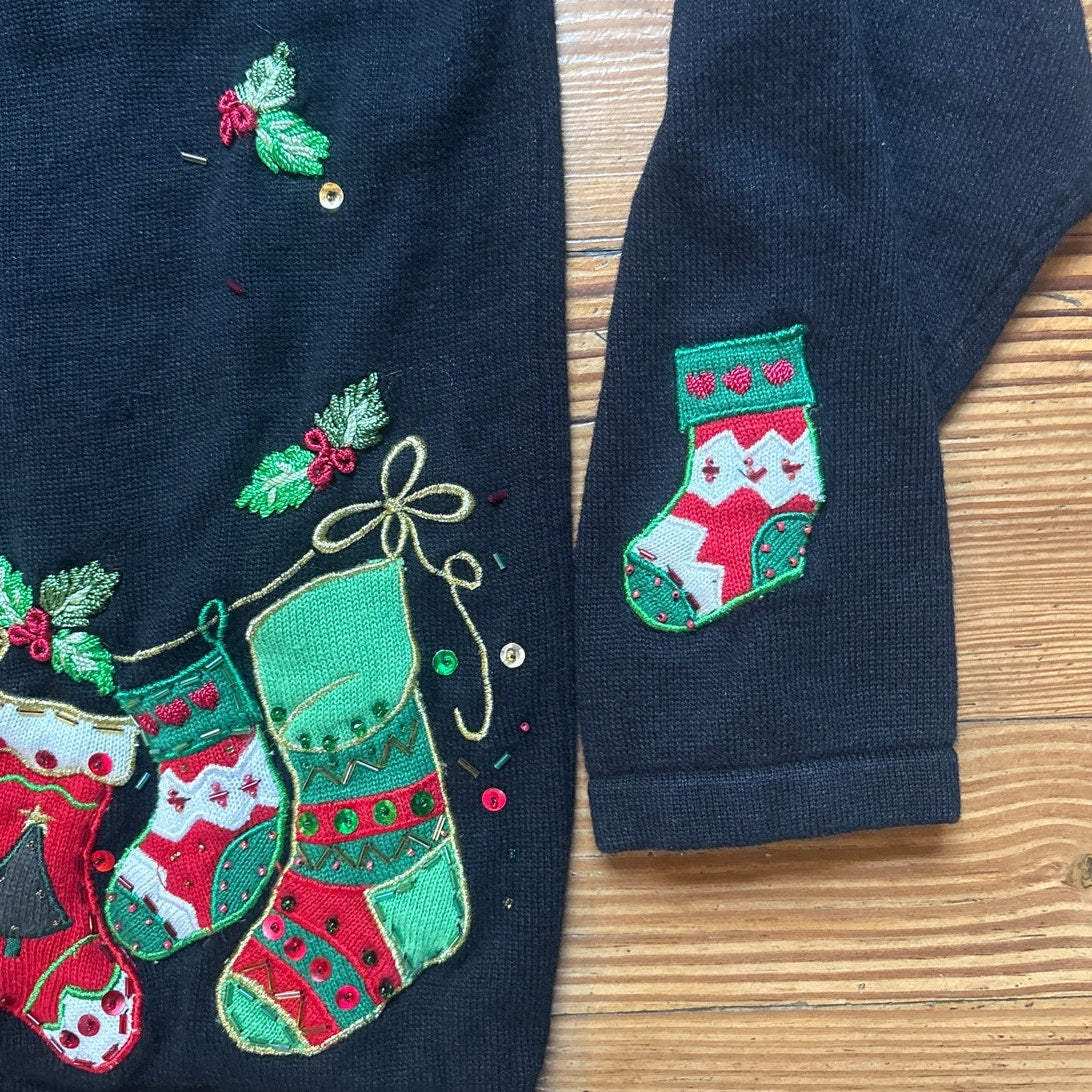 Terazzo black Christmas knit cardigan stocking mistletoe sweater SIZE M
