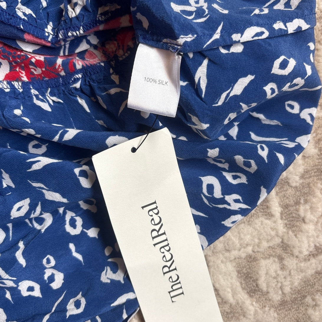 Saloni blue pattern silk drop waist sleeveless button dress SIZE L