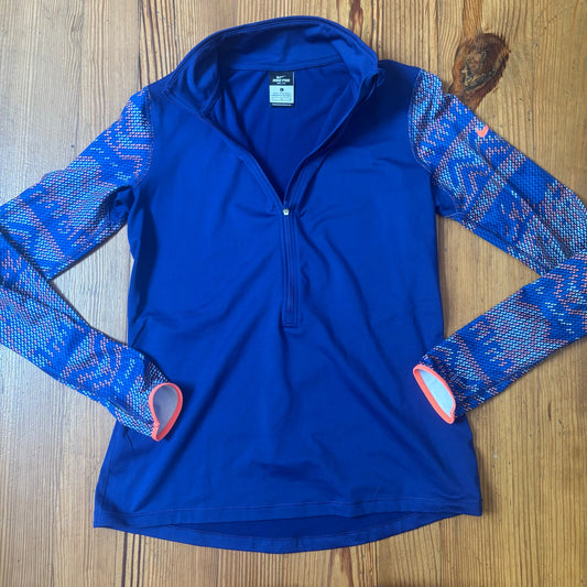 Nike Pro Dri Fit blue tribal sleeve quarter zip womens athletic shirt SIZE L