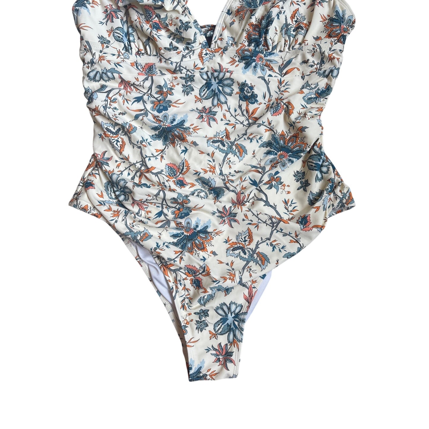 Cupshe beige blue floral plunge open back cheeky one piece swimsuit SIZE M