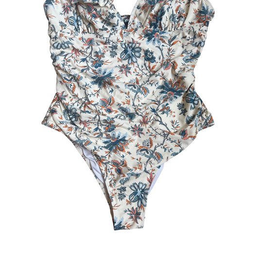 Cupshe beige blue floral plunge open back cheeky one piece swimsuit SIZE M