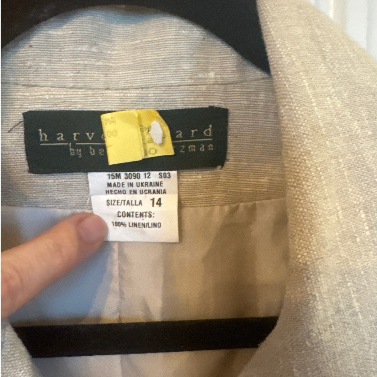 Harve Benard by Benard Holtzman light beige 3 button linen blazer jacket SIZE 14