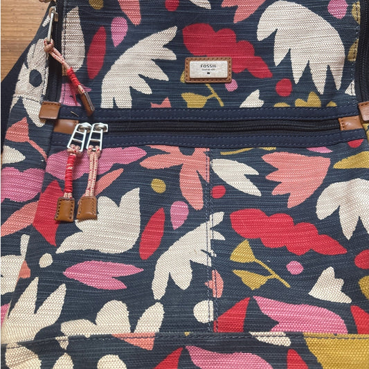 Fossil Blake navy pink floral two compartment laptop backpack