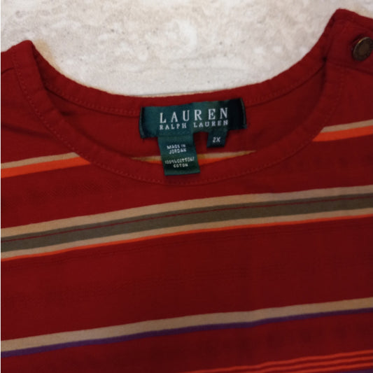 Ralph Lauren red yellow stripedshort sleeve womens button shoulder shirt SIZE 2X