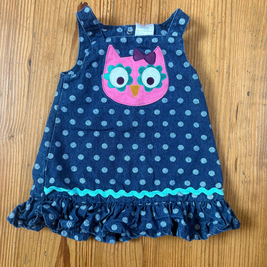 Baby Essentials 90s jean owl sleeveless ruffle bottom baby dress SIZE 9M