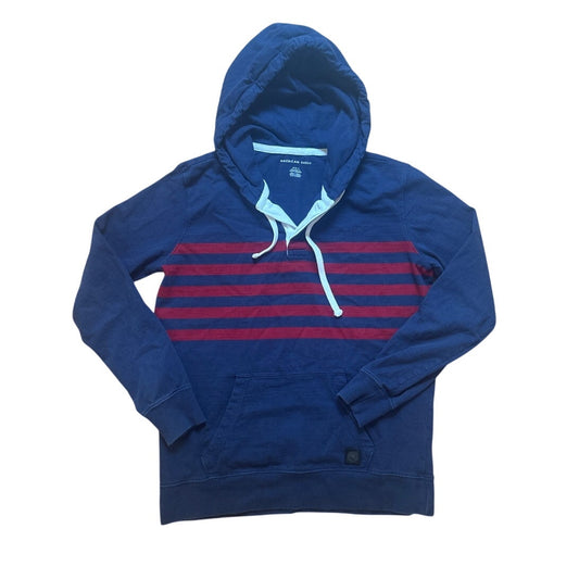 American Eagle blue red striped pullover henley rugby hooded sweatshirt SIZE M