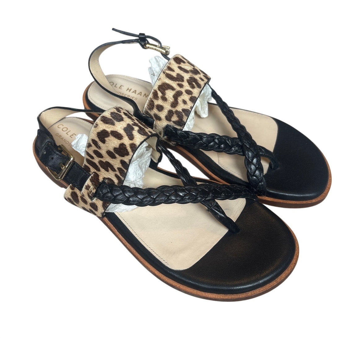 Cole Haan leather black leopard print calf hair slingback thong sandal SIZE 5