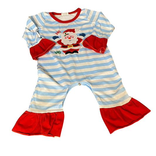 Santa Blue white striped ruffle red long sleeve pant embroidered one piece 6-12M