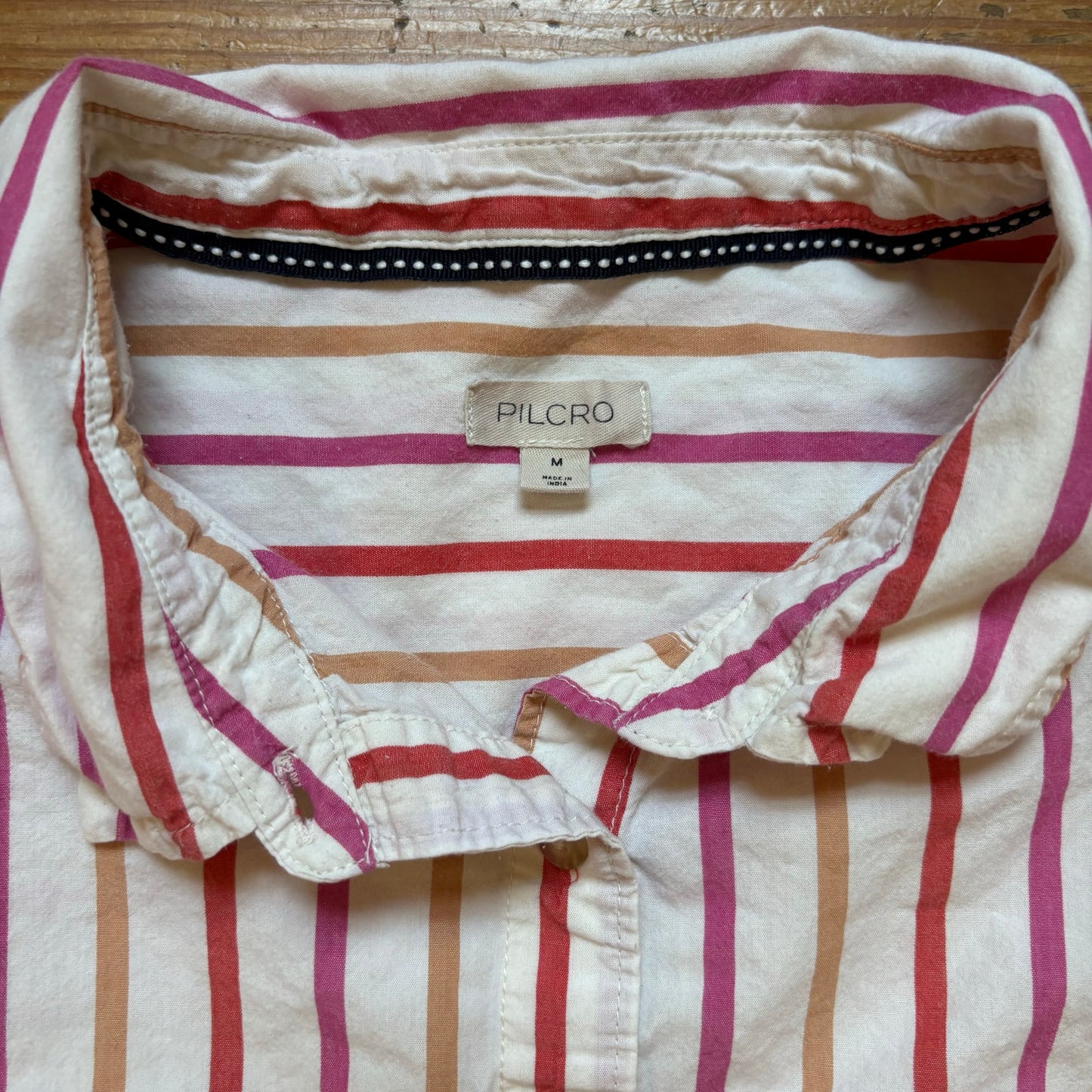 Anthropologie Pilcro pink striped puff short sleeve button up shirt SIZE M