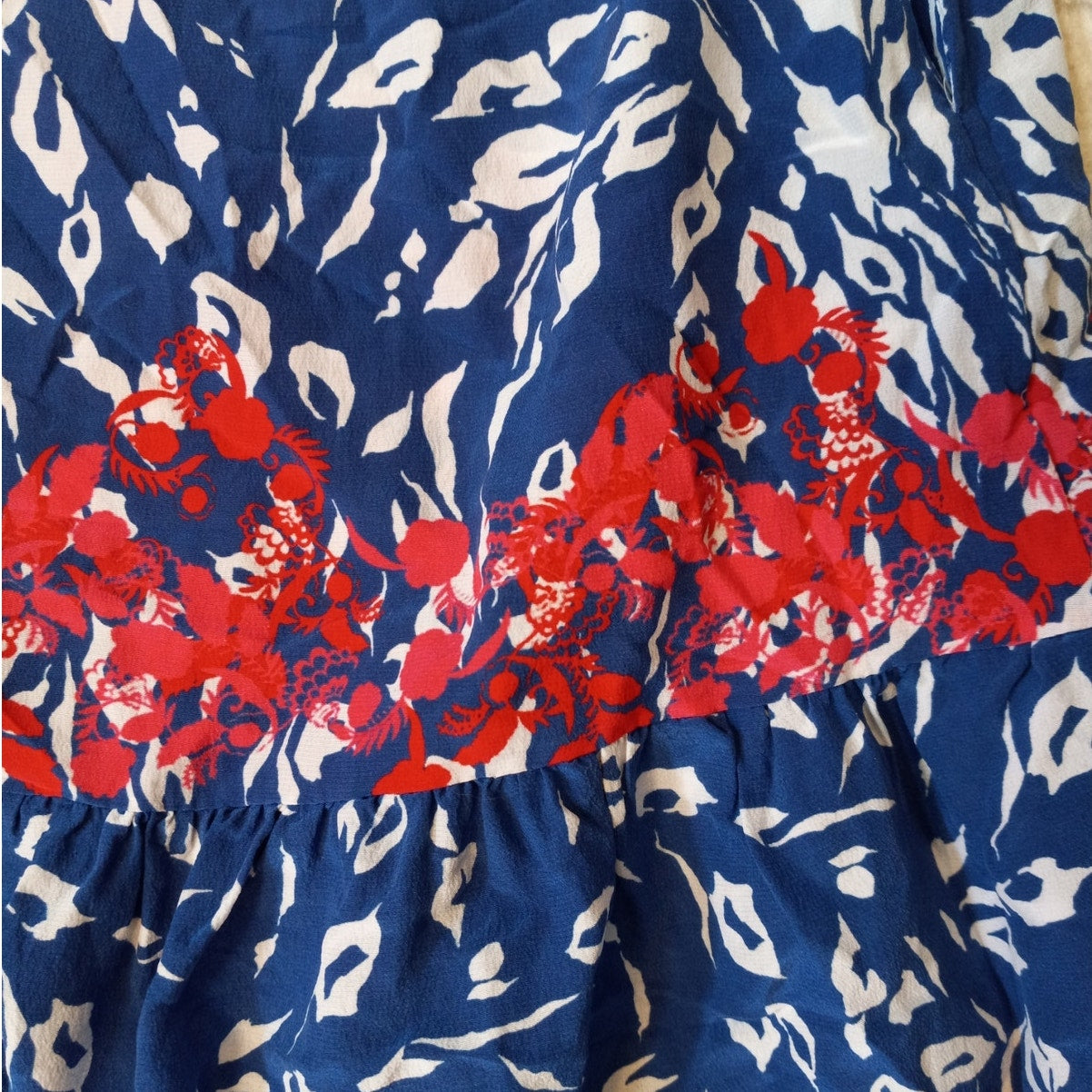 Saloni blue pattern silk drop waist sleeveless button dress SIZE L