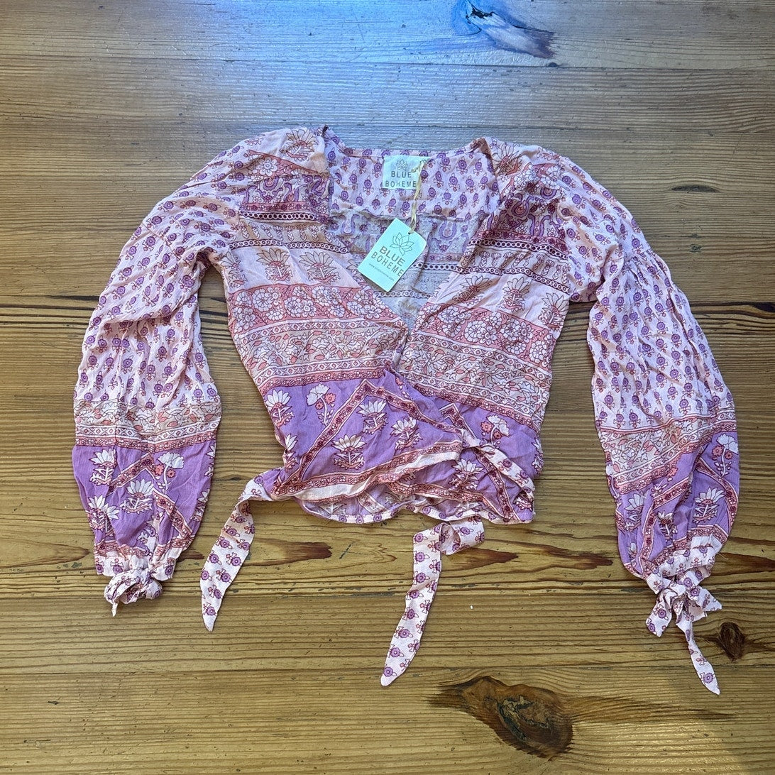 NWT Blue Boheme Bella pink romantic boho puff long sleeve wrap waist blouse OS