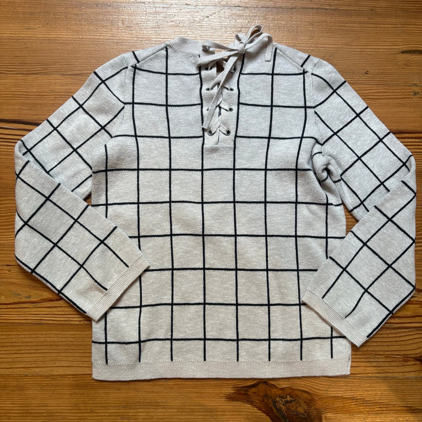 Madewell gray black checkered long sleeve crew lace back sweater SIZE XXS