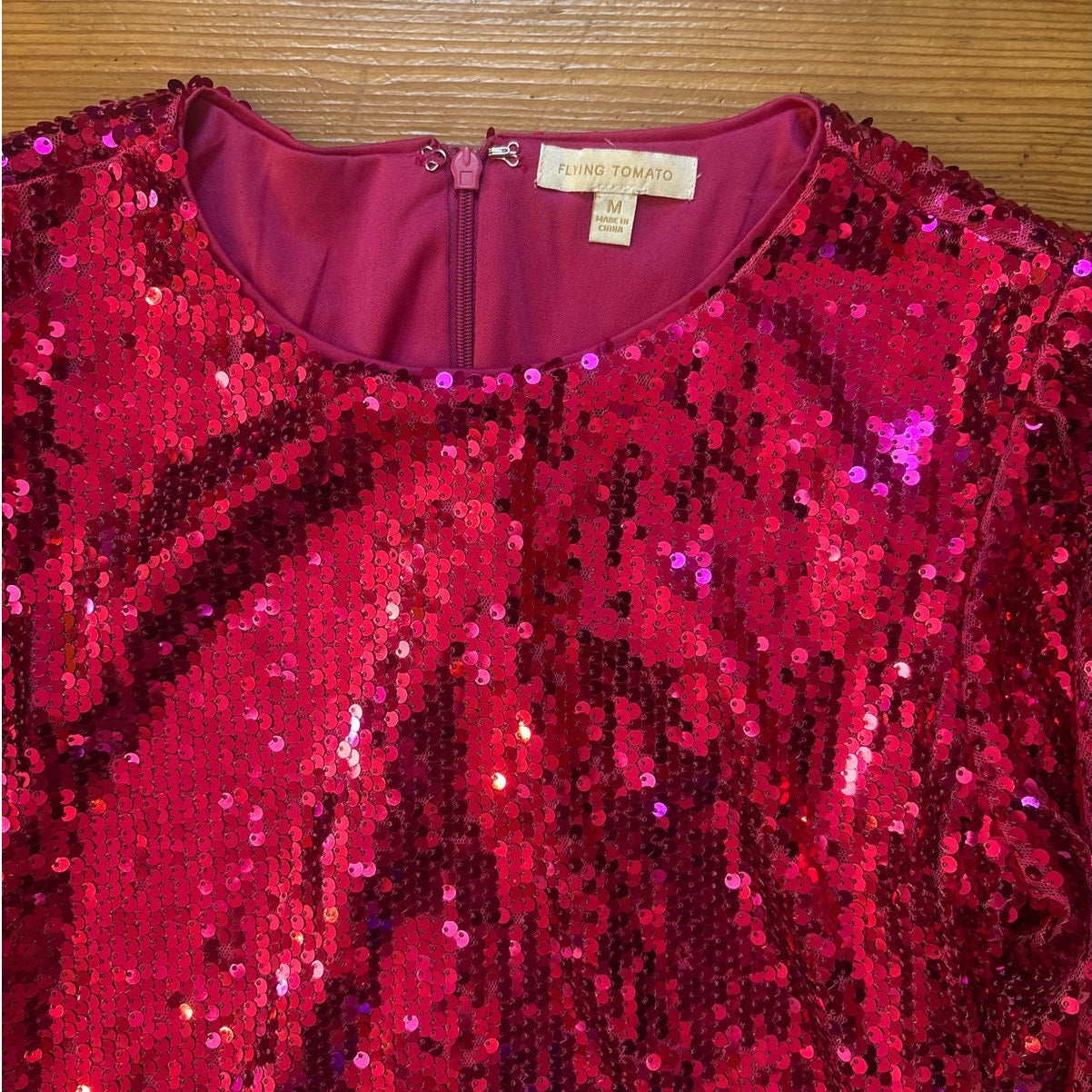 Flying Tomato hot pink sequin long puff sleeve dress SIZE M