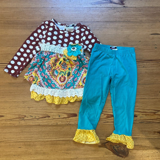 Counting Daisies brown polkadot colorful ruffle teal long sleeve pant set SIZE 4