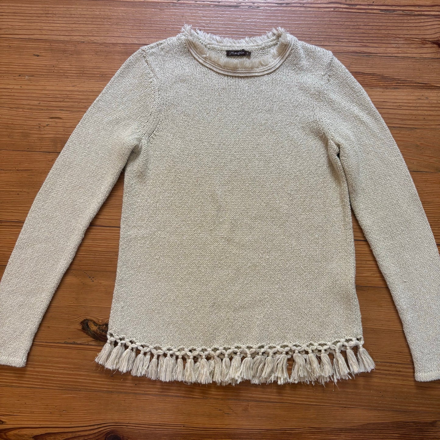 J. McLaughlin gold threaded tan tassel hem crew knit sweater SIZE S