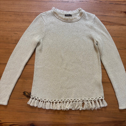 J. McLaughlin gold threaded tan tassel hem crew knit sweater SIZE S