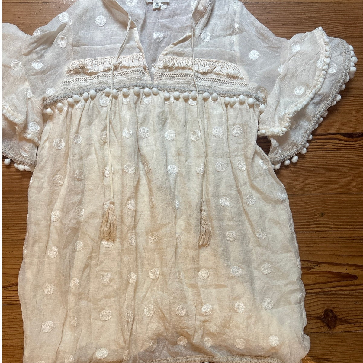 Allison off white pom pom embroidered polka dot ruffle shirt dress SIZE M