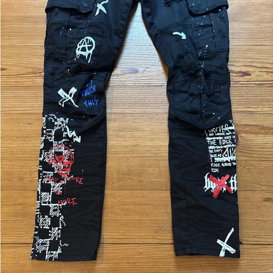 Decibel Smoke Rise black distressed splatter paint slim denim jeans SIZE 38x32