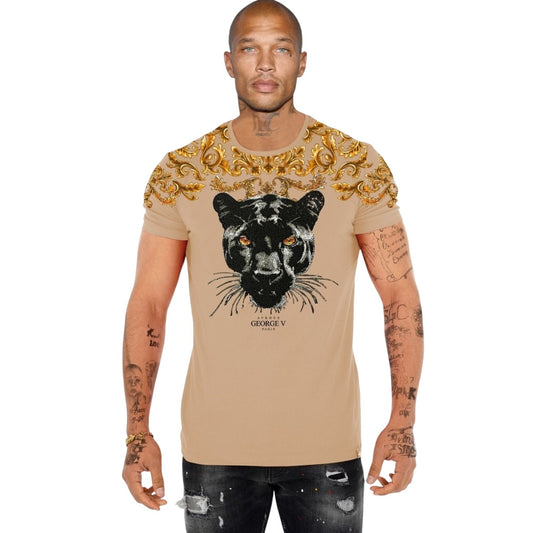 Avenue George V beige black panther rhinestone short sleeve mens shirt SIZE XXL