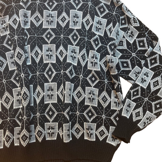 Pomodoro VTG black white knit geometric crew grandpa sweater SIZE XL