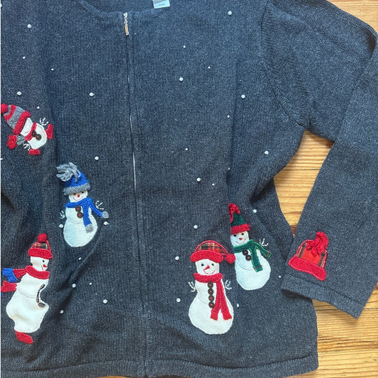 VTG Curve gray ugly Christmas full zip snowman winter cardigan sweater SIZE XL