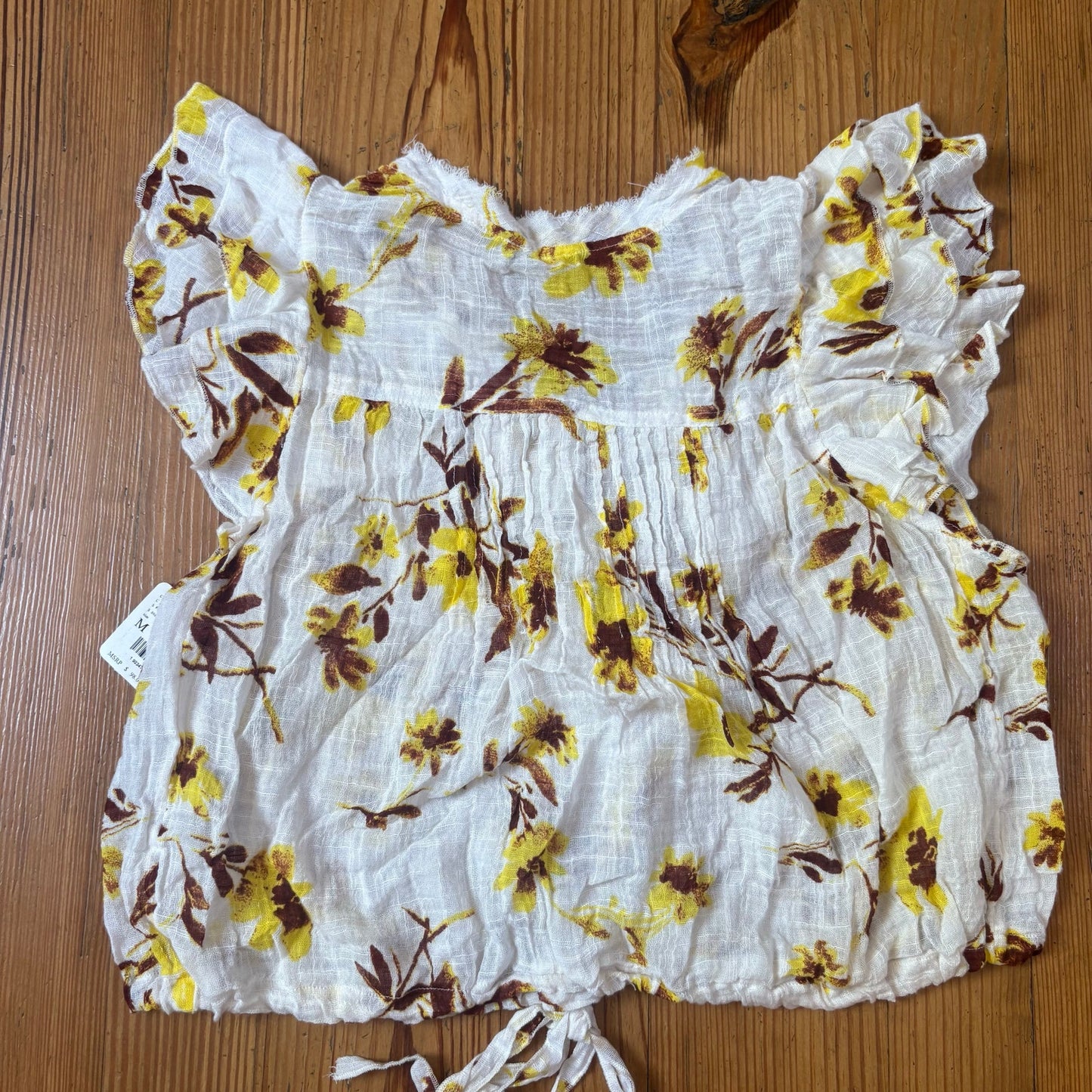 NWT Free People white yellow floral cropped flutter sleeve blouse shirt SIZE M