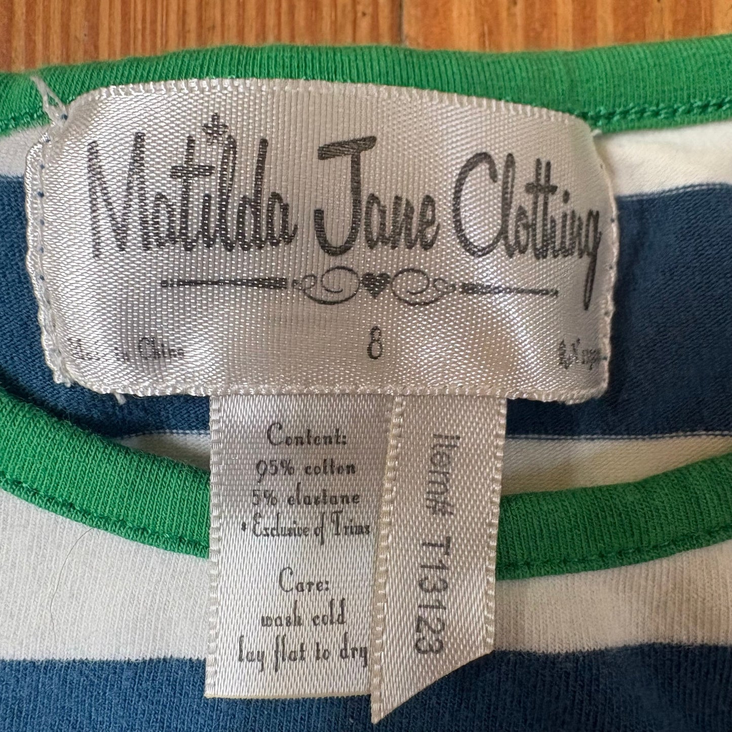 Matilda Jane blue white striped green trim short sleeve girls shirts SIZE 8