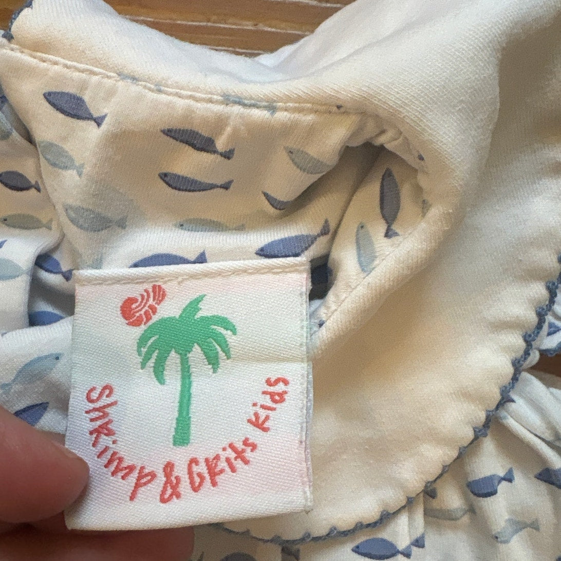 Shrimp & Grits Kids white fish short ruffle sleeve button back shirt SIZE 2T