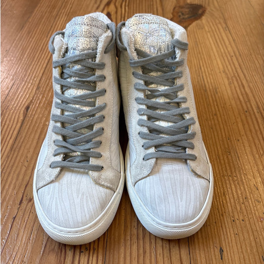 P448 ivory white leather zebra print faux fur lining high top sneakers SIZE 7