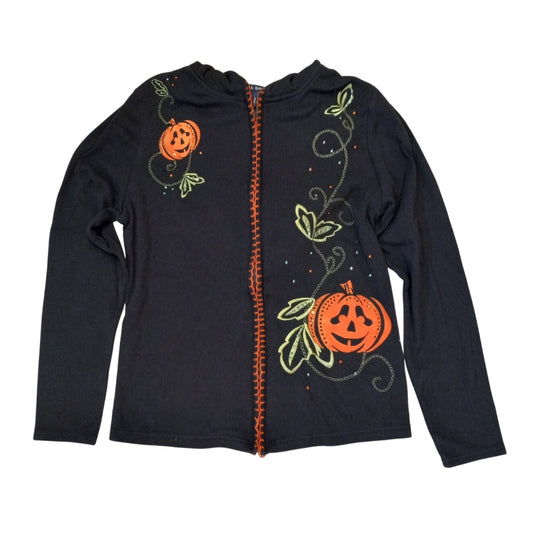 SML Sport black pumpkin Halloween full zip hooded cardigan sweater SIZE S