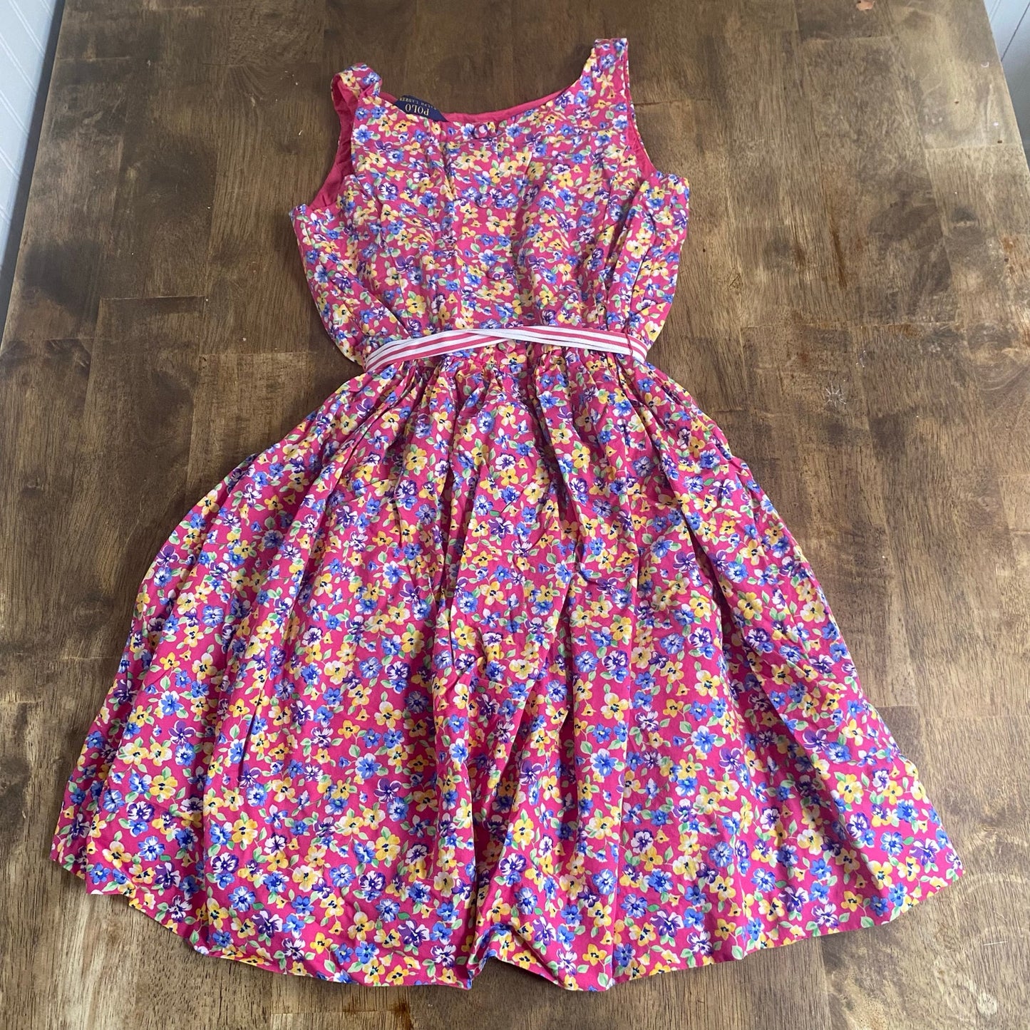 Polo Ralph Lauren pink floral fit flare tank tie waist dress SIZE 16