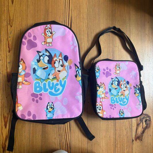 Bluey Bingo pink graphic black bookbag lunch set