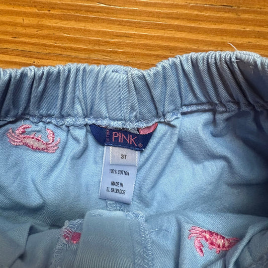 Pink light blue pink crab embroidered elastic waistband toddler shorts SIZE 3T