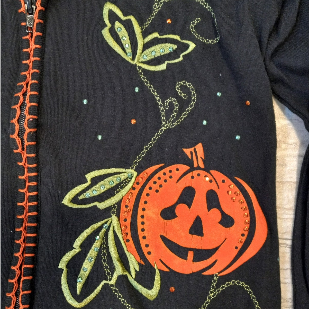 SML Sport black pumpkin Halloween full zip hooded cardigan sweater SIZE S