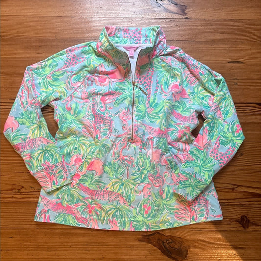 Lilly Pulitzer Skipper pink green animal print half zip pullover sweater XL