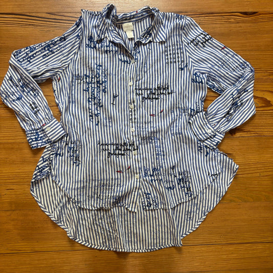Chico's blue white striped Amalfi button up long sleeve shirt SIZE 12