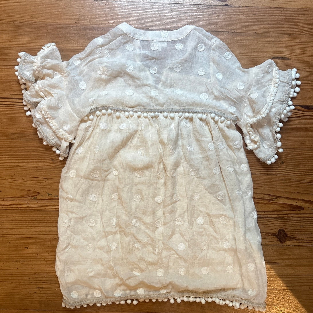 Allison off white pom pom embroidered polka dot ruffle shirt dress SIZE M