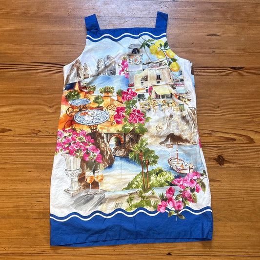 Talbots white blue trim coastal scene linen cotton shift dress SIZE 18