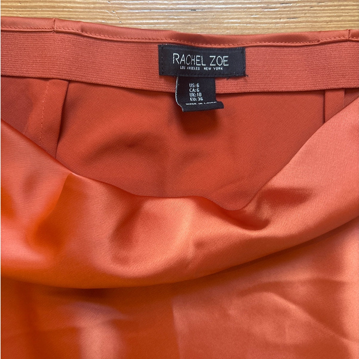 Rachel Zoe burnt orange elastic waist satin midi skirt SIZE 6