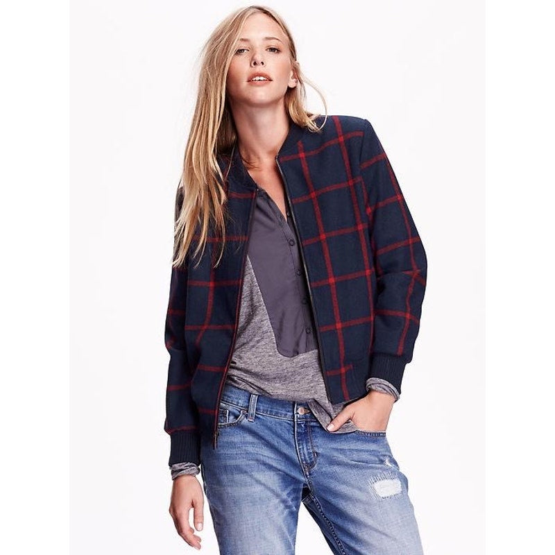 Old Navy blue red plaid wool blend fleece sherpa lined zip bomber jacket SIZE XL