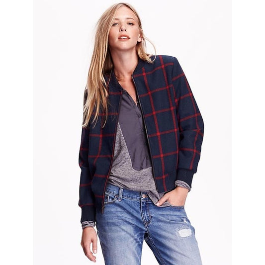 Old Navy blue red plaid wool blend fleece sherpa lined zip bomber jacket SIZE XL