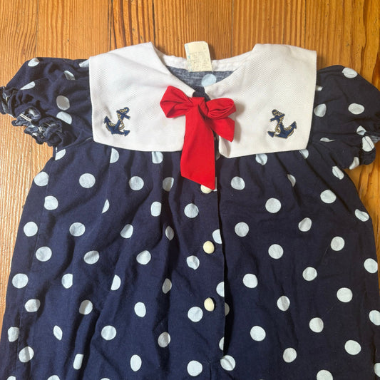 Vintage 90s navy white polka dot short sleeve sailor bubble bodysuit SIZE 18M