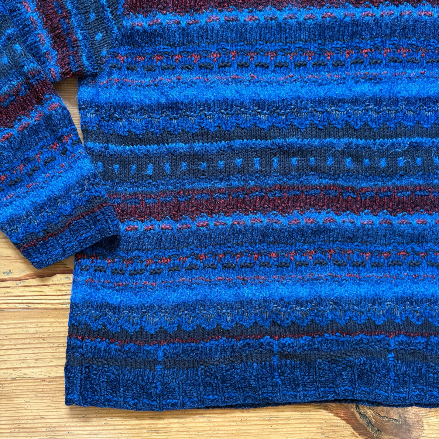 Sigrid Olsen mohair blend royal blue red hand knit crew sweater SIZE M