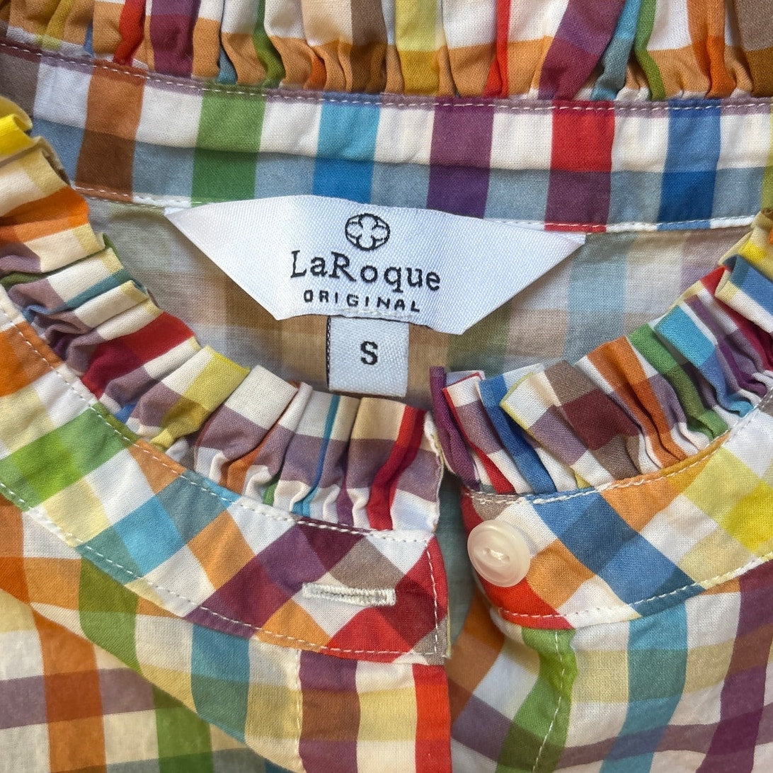 LaRoque Original sleeveless colorful check button ruffle neckline blouse SIZE S
