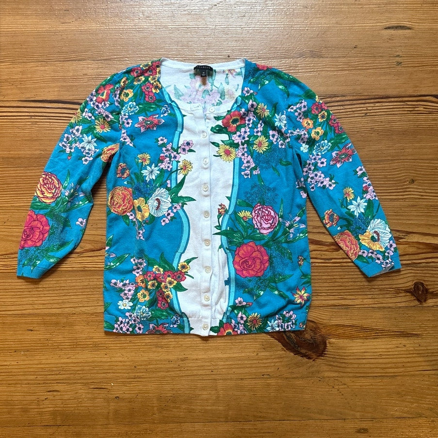 Talbots teal white floral button cardigan sweater SIZE M